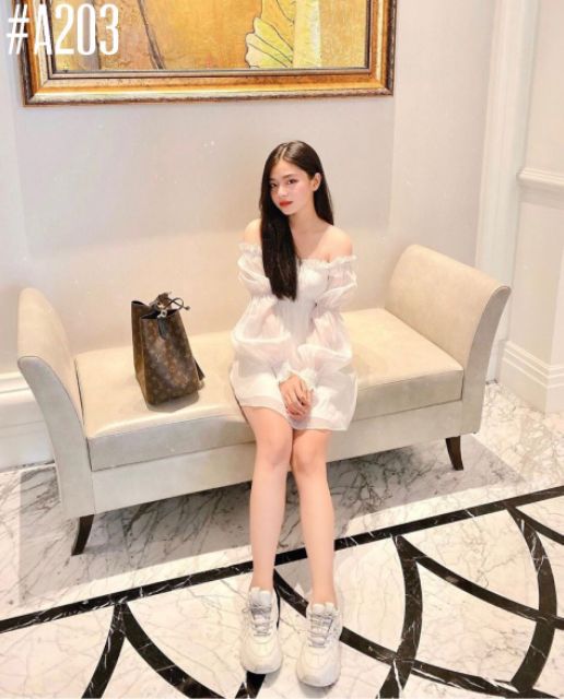 Đầm trắng tay phồng dạo phố siêu xinh dịu dàng Eo Thun Chỉ