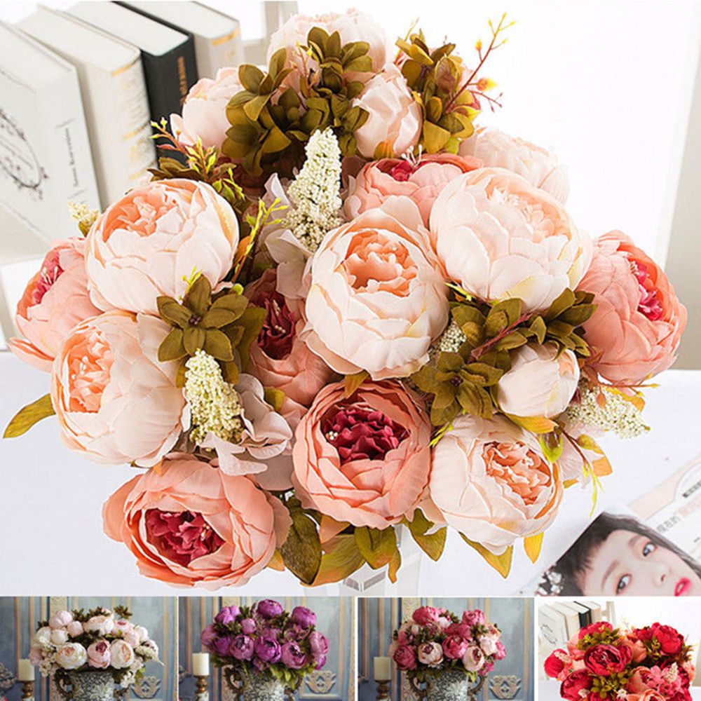 Bó Hoa Mẫu Đơn Giả 13/21 Đầu Bằng Lụa Dùng Trang Trí DIY