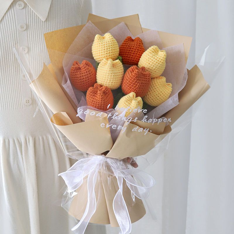 [Hàng Hoàn Thiện] Bó Hoa Tulip Đan Len Thủ Công Làm Quà Tặng Cho Bạn Gái