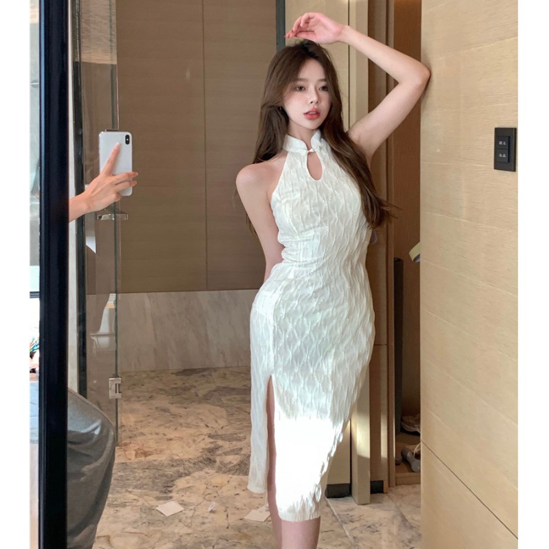 Jane Sườn xám ngắn tay xẻ tà ren gân quyến rũ