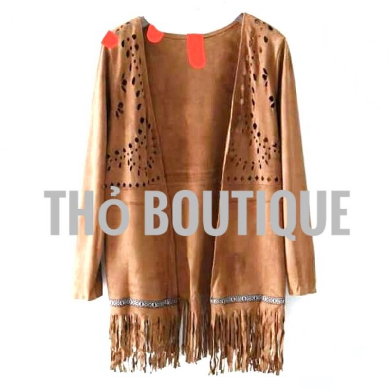 Áo khoác cardigan FOREVER 21 Bohemian tua rua khoét laser nhung da lộn nâu bò