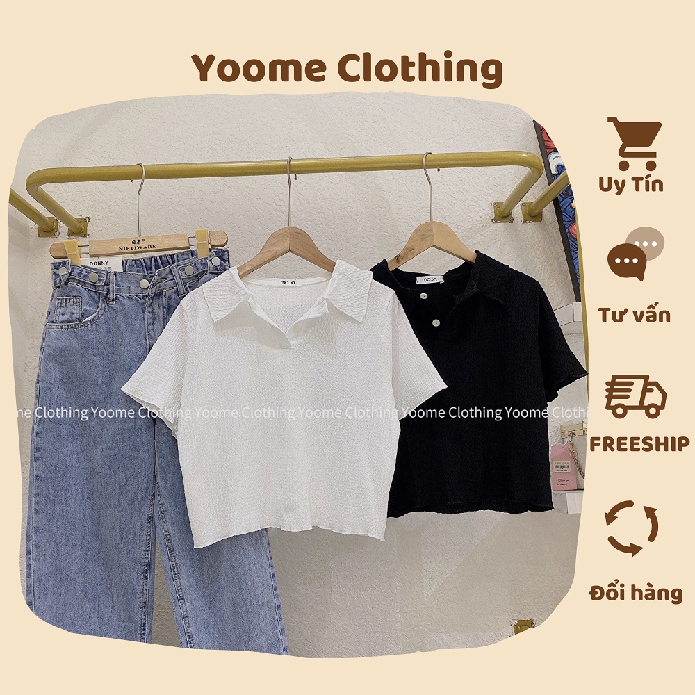 Áo cổ polo nhún , áo croptop cổ bẻ chất nhún cho nữ yoome clothing