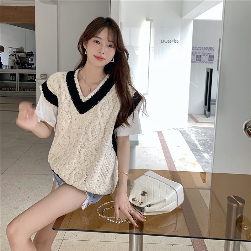 Áo dệt kim sát nách cổ chữ V dáng rộng màu sắc retro thời trang cho nữ | BigBuy360 - bigbuy360.vn