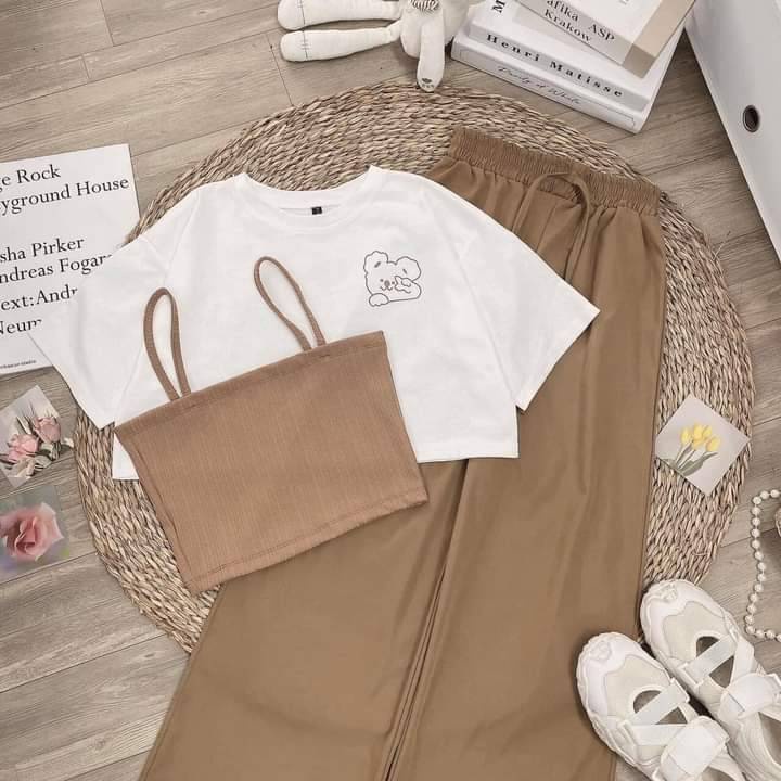 Sét 3 Món Croptop LOGO Thêu Ngực - Set Bộ Nữ 3 Món Trẻ Trung Kèm Quần Ống Suông Culltes Dày Mịn Thoáng Mát