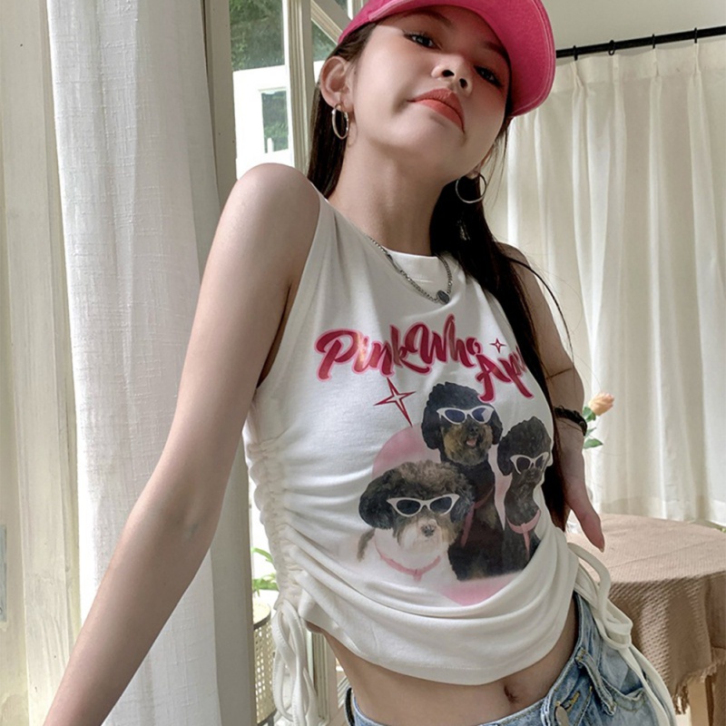 Áo Thun Sát Nách Kiểu Dây Rút Họa Tiết Hoạt Hình Thời Trang Mùa Hè Cho Nữ