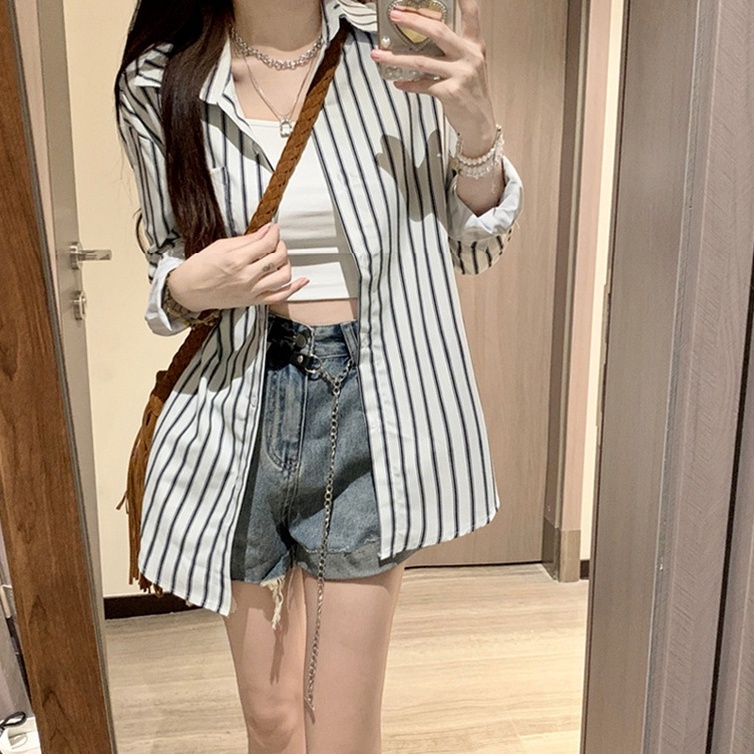 【ZHELIHANGFEI】Áo Sơ Mi Chống Nắng Tay Dài Dáng Rộng Họa Tiết Kẻ Sọc Thời Trang Cho Nữ