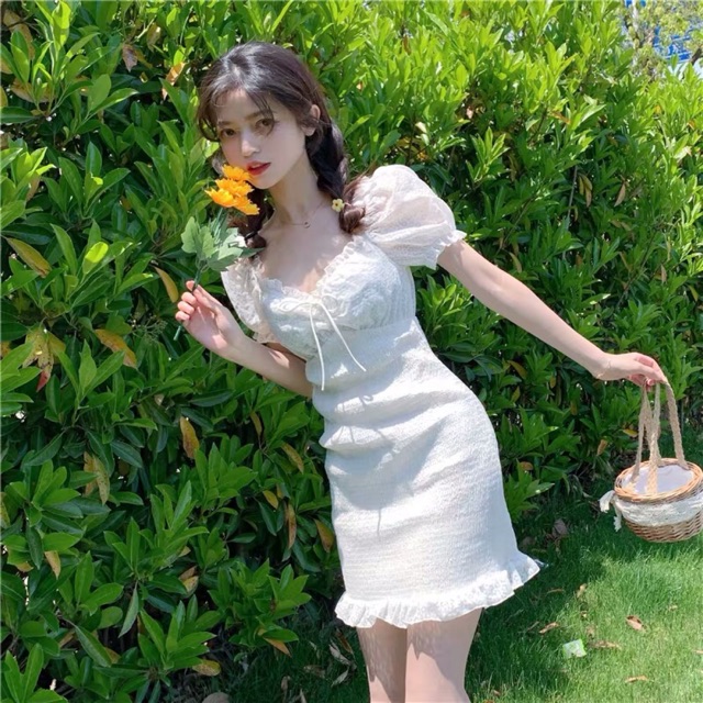 Váy trắng body tay bồng ulzzang