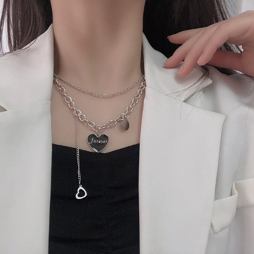 Vòng cổ Hai Lớp Hình Trái Tim Màu Đen Phong Cách Hip Hop Hàn Quốc Thời Trang