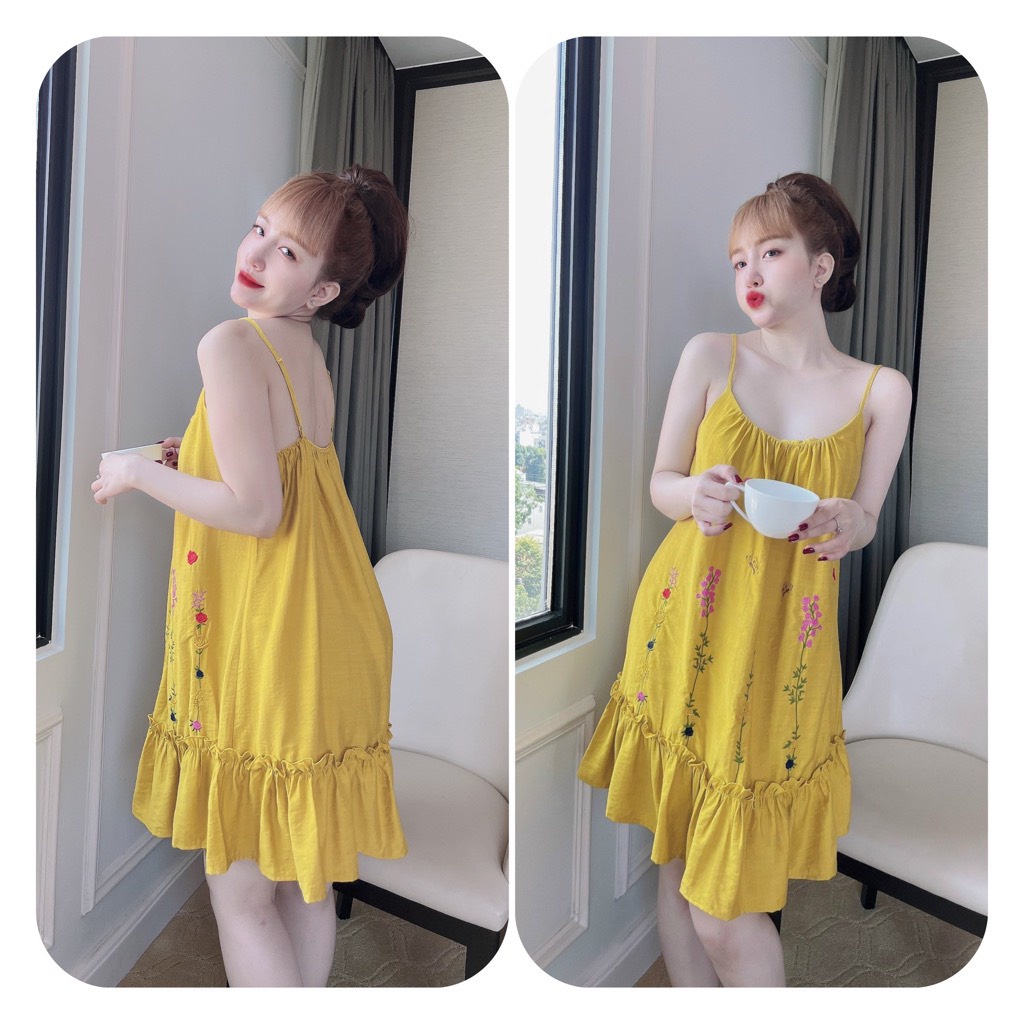 Váy Ngủ Nữ Lụa Tơ Xước Thêu Màu Trơn Thêu Dáng Xuông Liền Thân S662