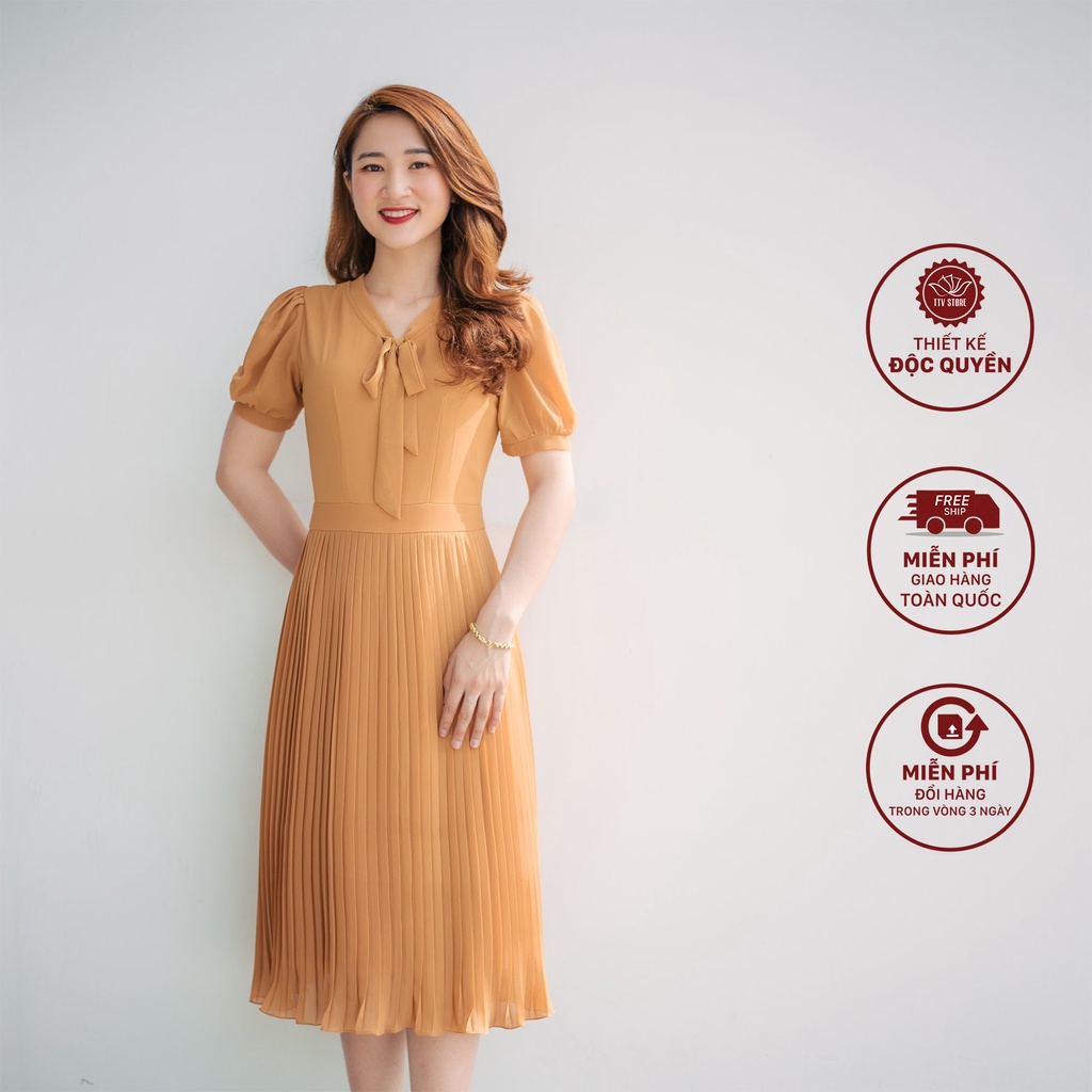 Đầm dự tiệc thiết kế dáng xòe cổ cột nơ chân váy dập ly màu cam - TTV916 TTV Store