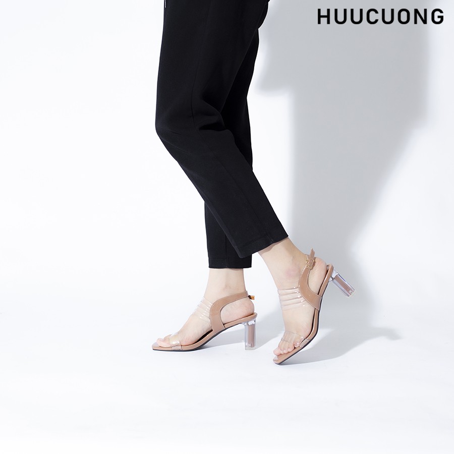 Giày Sandal Nữ Cao Gót Quai Ngang HUUCUONG Thời Trang Mũi Vuông Phối Mica Trong Suốt Cách Điệu - CG97