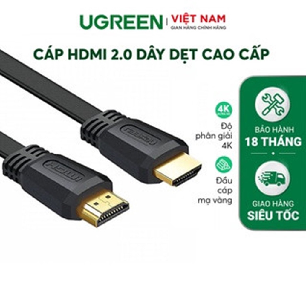 Cáp HDMI 2.0 Ugreen ED015 Dạng dây bẹt | Hỗ trợ độ phân giải 3D 4Kx2K 4096x2160p/30Hz | Bảo Hành 1 đổi 1 18 Tháng |