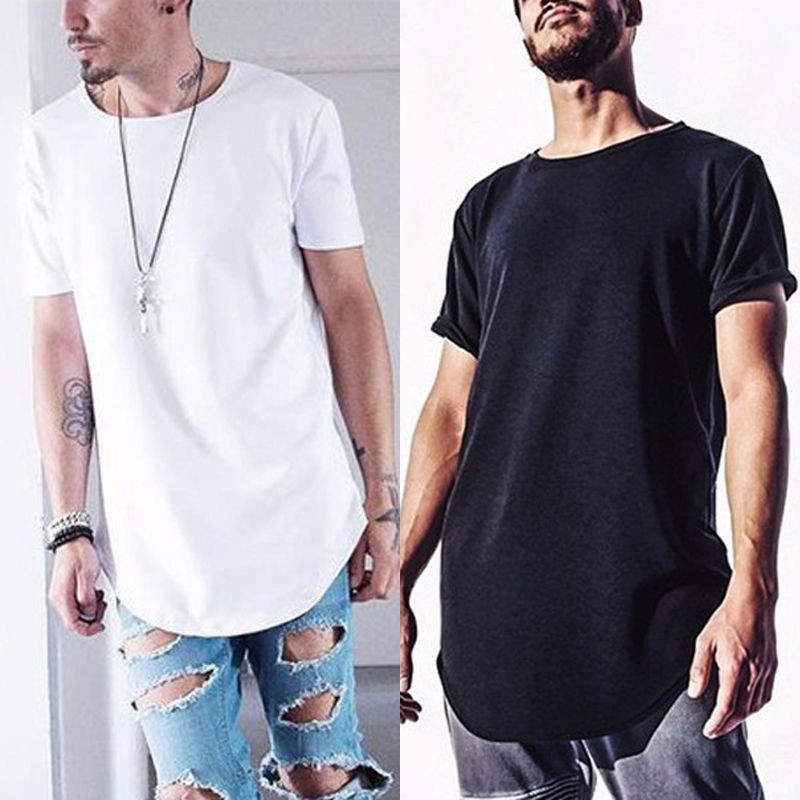 New Men Basic Extended Long T- Shirt Elongated Casual Crew Neck Tee Shirts M-2XL