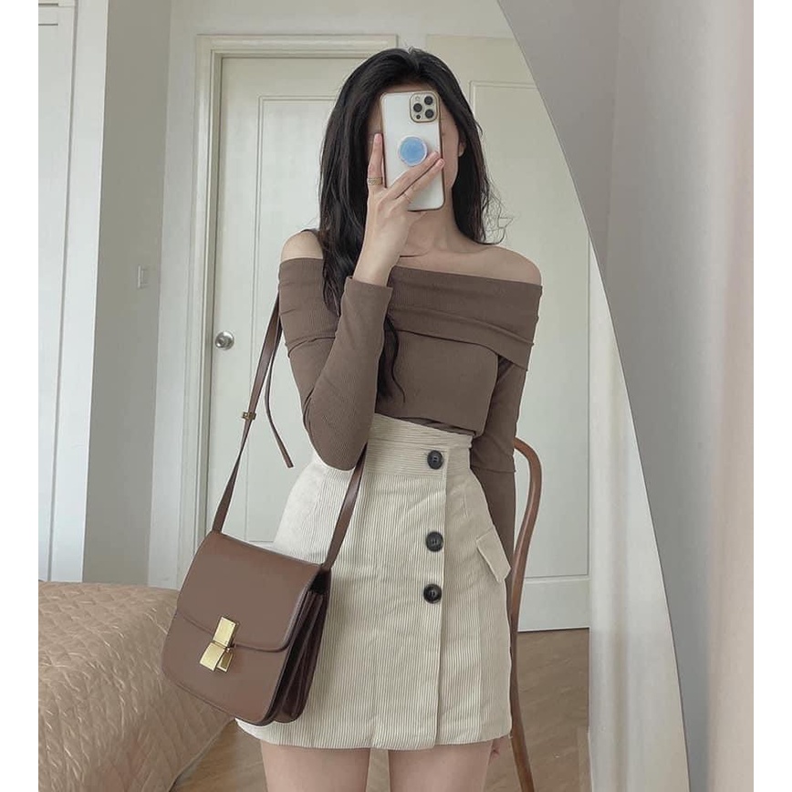 Áo thun body bẹt vai dài tay form ôm vải tăm co giãn Bingshop (freeship)