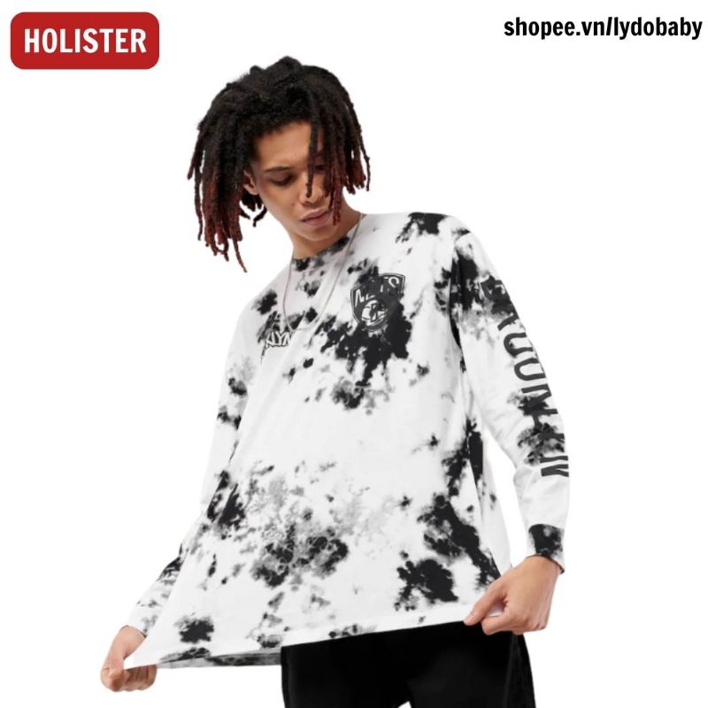 Áo thun nam tay dài HOLISTER hàng xuất dư (cắt tag) 100% cotton mỏng mát cổ tròn, bo tay, form rộng trắng loang big size