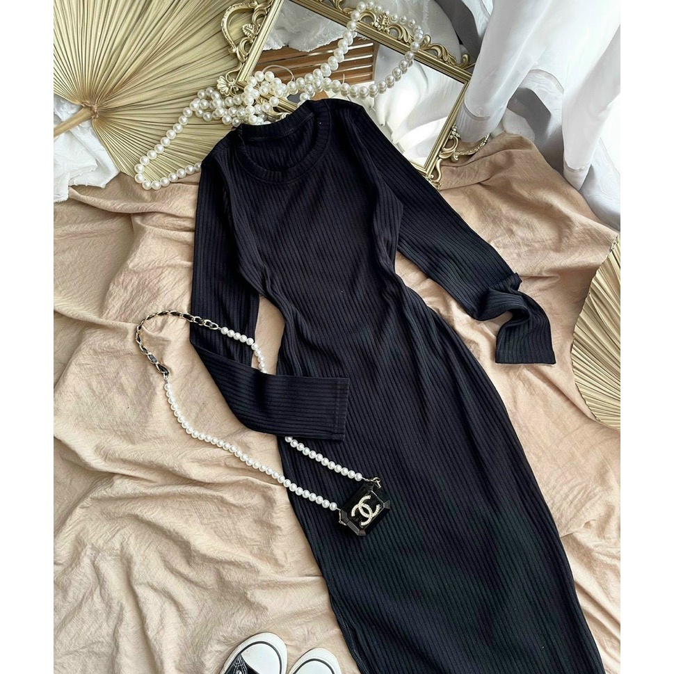 Đầm Body Nữ xẻ đùi dáng dài Maxi tay dài chất Gân tăm Chocomy Shop