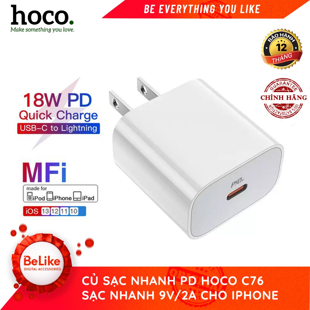 Củ Sạc 18W Hoco C76 Hỗ Trợ Sạc Nhanh 9V/2A cho Iphone 8/10/11- Bảo Hành 12 Tháng