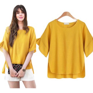 áo kiểu big size màu vàng tay loe xẻ tà high low size 70-90kg