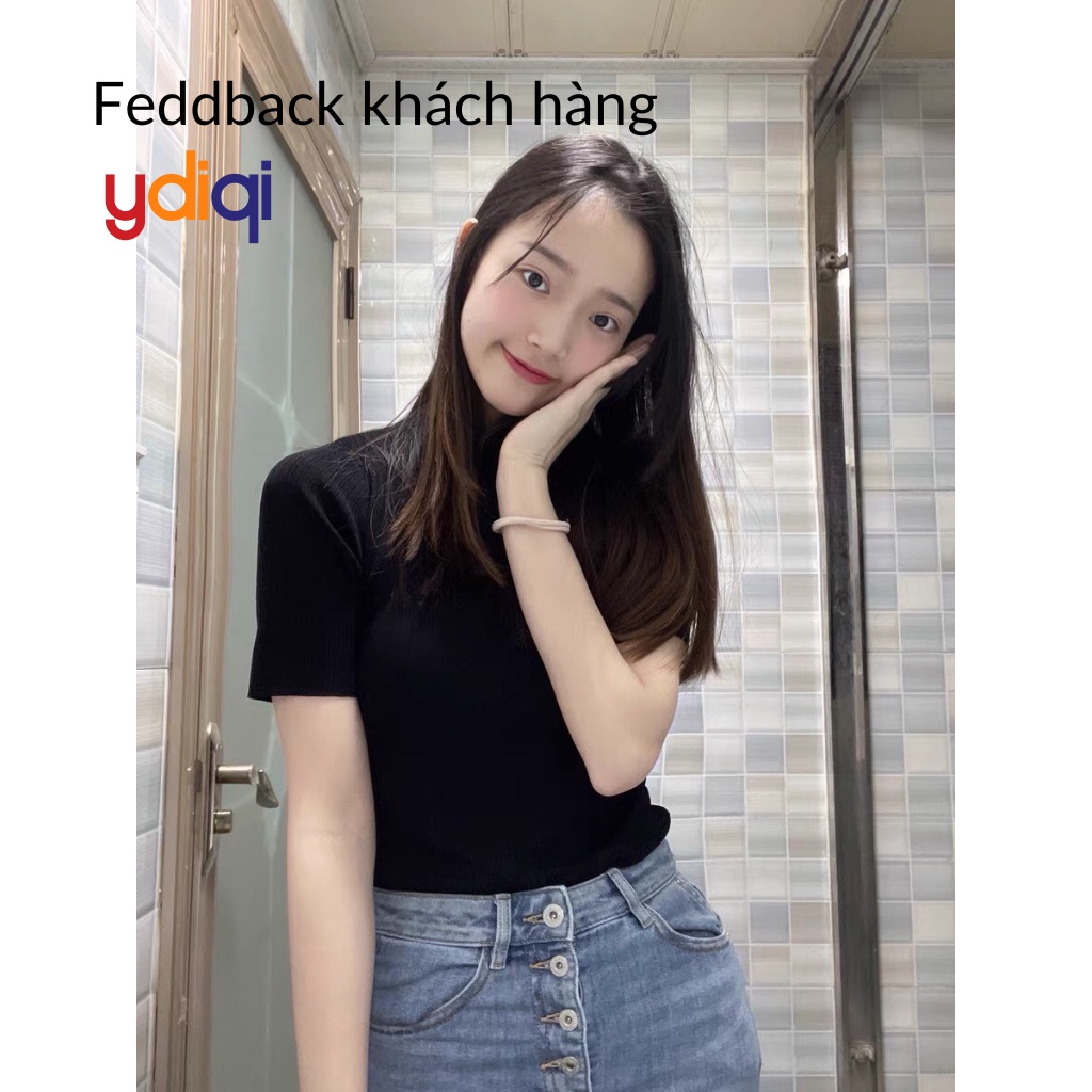 Áo thun tay lỡ nữ trơn mỏng dáng ôm cổ tròn chất len lụa băng mềm mại co giãn tốt 2 màu đen trắng YDIQI