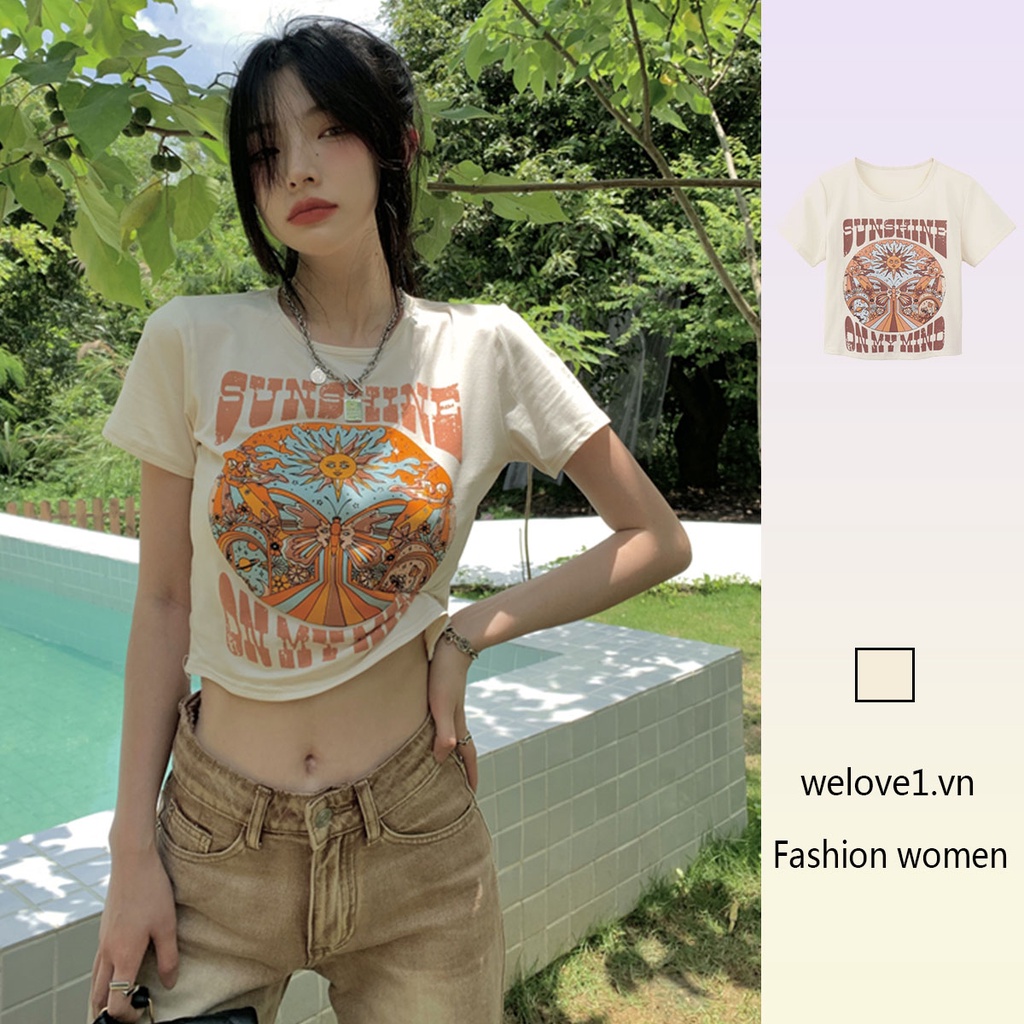 Áo Thun Ngắn Tay In Họa Tiết Phong Cách retro Mỹ Cho Nữ