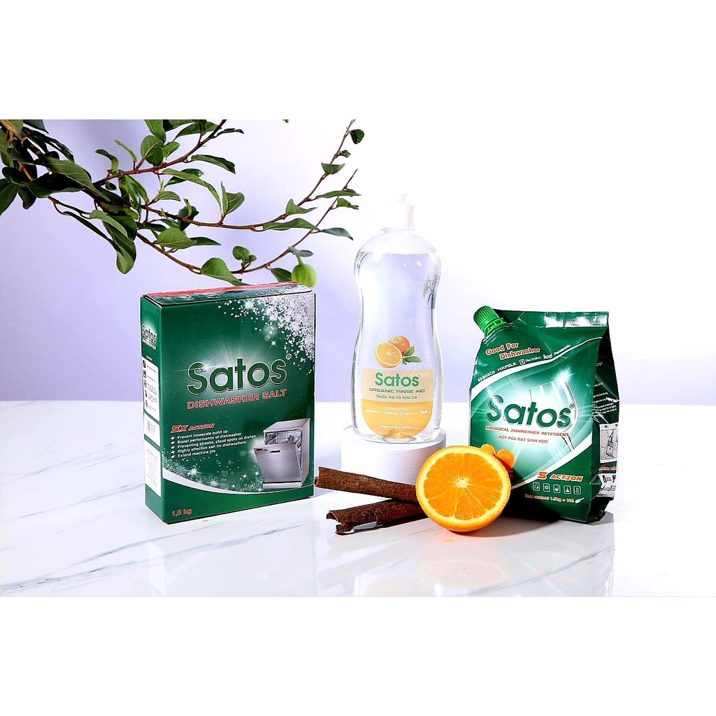 Combo tiết kiệm 3 món- Bột rửa bát hữu cơ Satos 1.5kg, nước làm bóng hữu cơ Satos 500ml và muối Satos 1.5kg