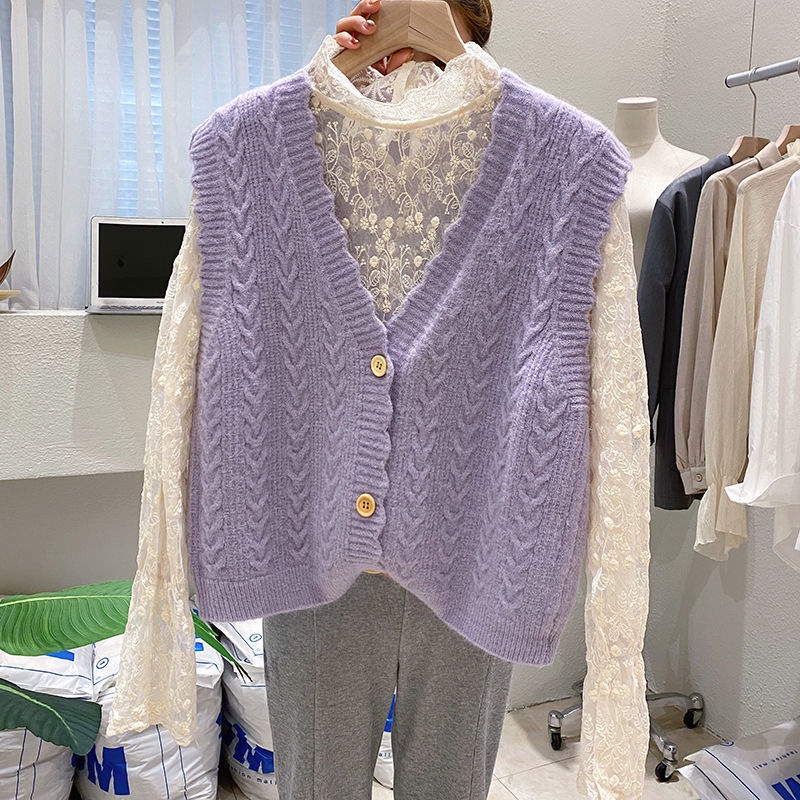 Áo sweater dệt kim cổ chữ v phối ren dễ phối đồ cho nữ