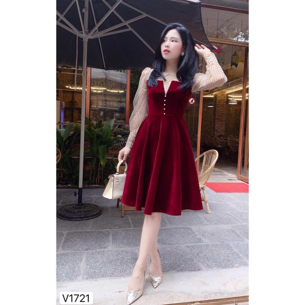 [𝐅𝐫𝐞𝐞𝐬𝐡𝐢𝐩] Đầm xòe công chúa [Đẹp DVC]  Váy xòe vải nhung đỏ tay dài chấm bi V1721 - Zin Dress Design