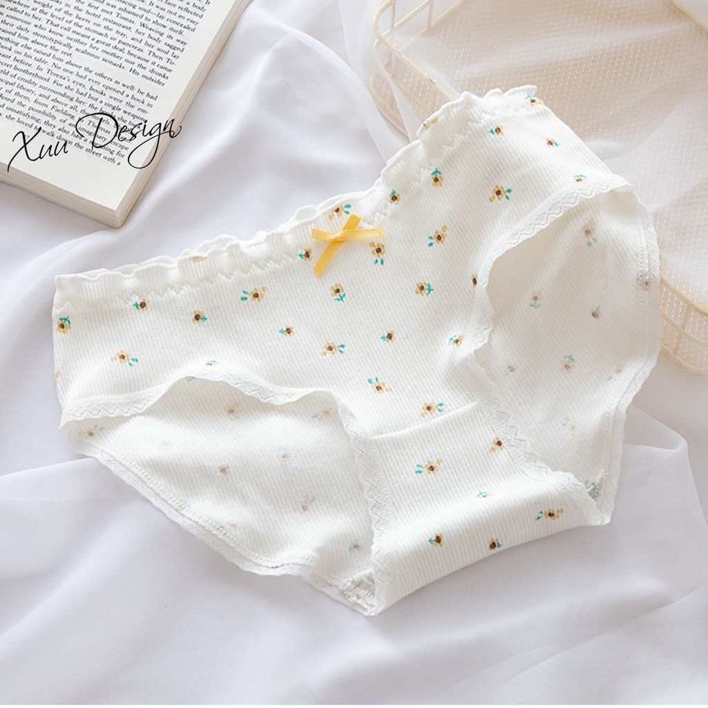 Quần lót nữ cotton họa tiết gấu vàng XUU, thiết kế phối ren nơ QC91