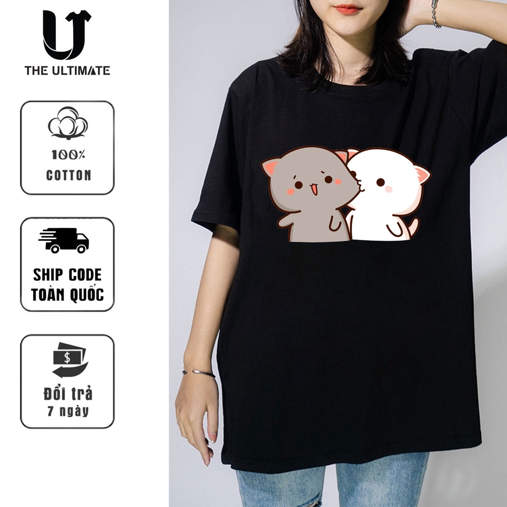 Áo phông Mèo cắn má cực dễ thương -tay lỡ nam nữ form rộng đen, trắng 100% cotton co giãn