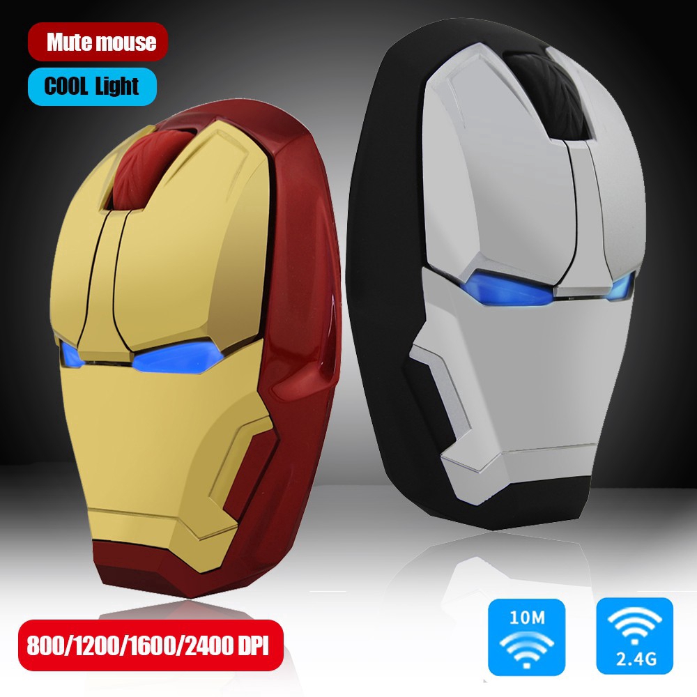 Chuột quang không dây 2.4G 2400DPI hình Iron Man có đèn cho PC laptop