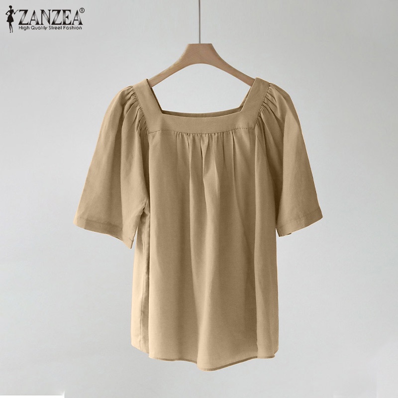 ZANZEA Áo Nữ Tay Ngắn Cổ Vuông Phong Cách Hàn Quốc Thời Trang