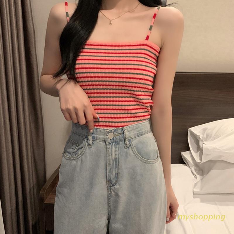 Áo Croptop Hai Dây Dệt Kim Ôm Dáng Họa Tiết Kẻ Sọc Nhiều Màu Cho Nữ