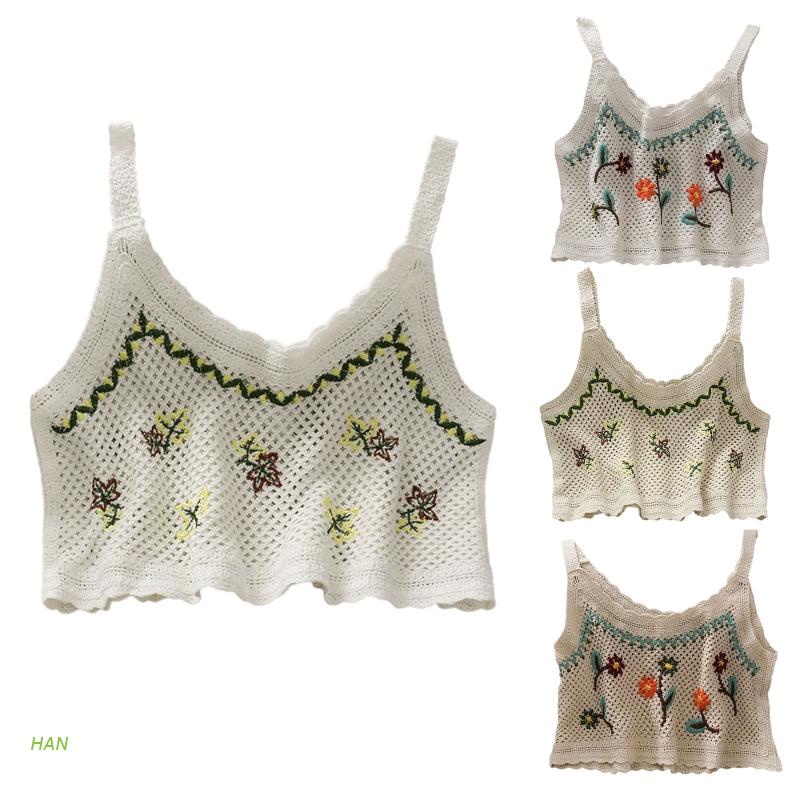 Áo Croptop Dệt Kim Không Tay Họa Tiết Thêu Hoa Xinh Xắn Thời Trang Dành Cho Nữ