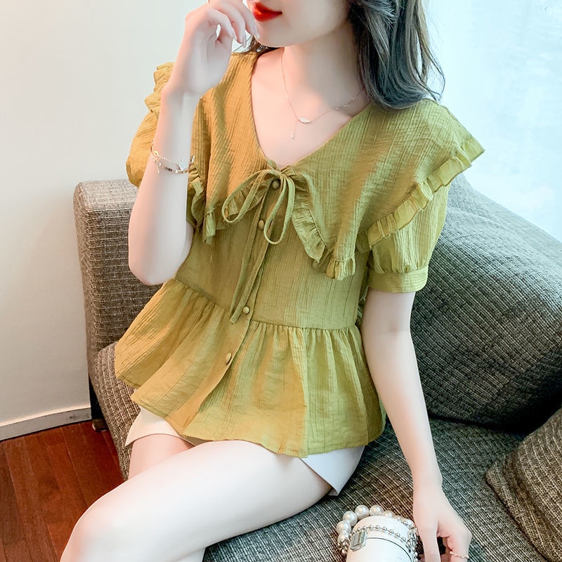 Áo Kiểu Tay Phồng Ngắn Cổ Bèo Phong Cách Pháp Thời Trang Mùa Hè Xinh Xắn Cho Nữ