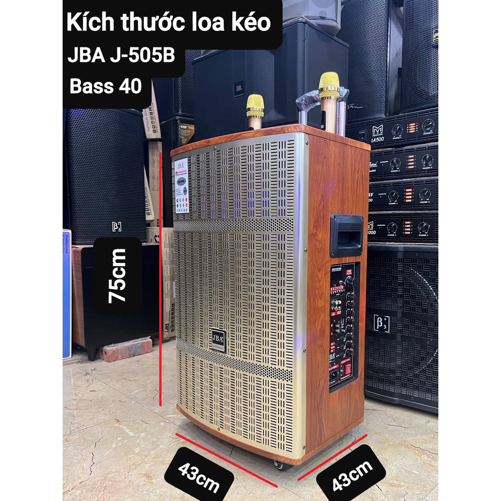 Loa kéo Karaoke Bluetooth JBA J-505B: Bass 40, Có 3 loa, Công suất 500W, Thùng gỗ chắc chắn, 2 Mic không dây vỏ kim loại