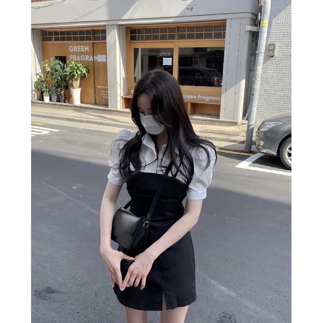 ĐẦM ĐEN PHỐI CỔ SƠ MI XẺ TÀ