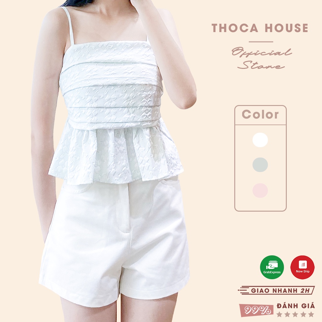 Áo kiểu 2 dây croptop xếp li dáng xòe hoa nhí THOCA HOUSE mẫu mới thời thượng, màu pastel nhẹ nhàng phối đồ