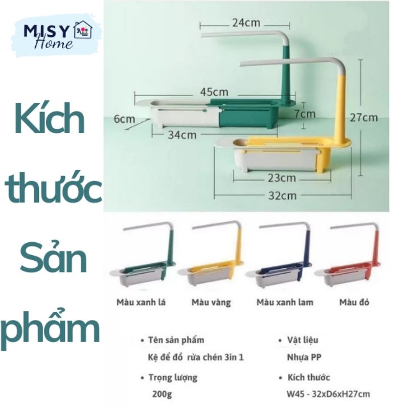 Giá để giẻ rửa bát có treo khăn Kệ gác bồn để đồ rửa chén Misy Home bằng nhựa có thể kéo dài co giãn thông minh