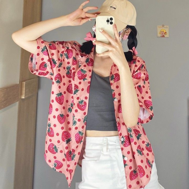 Áo sơ mi nữ tay ngắn họa tiết ngọt ngào dễ phối đồ phong cách Nhật Bản