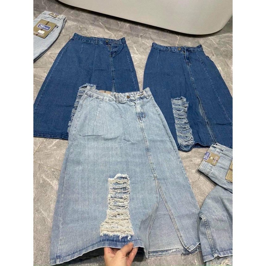 Happy-store ❤️ Chân Váy Jeans Nữ Rách Dáng Chữ A ❤️ Váy Bò Dài Xẻ Vạt Fullsize 2 Màu