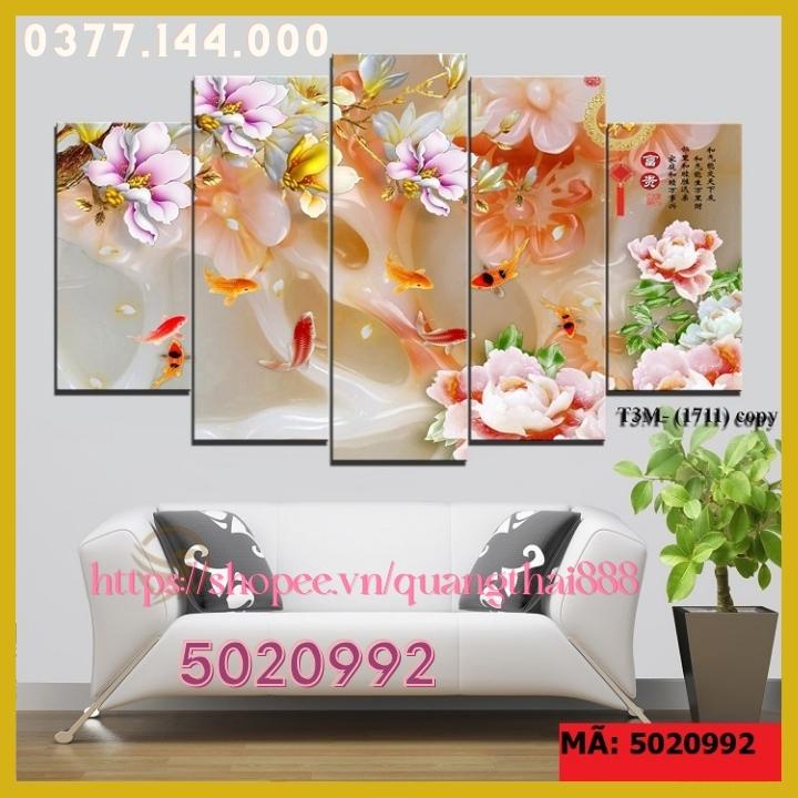 Bộ 5 Tấm Tranh treo tường Phong Thủy Hoa Mẫu Đơn Cá Chép Cửu Ngư Quần Hội Tụ phòng khách trang trí nhà cửa 5020992