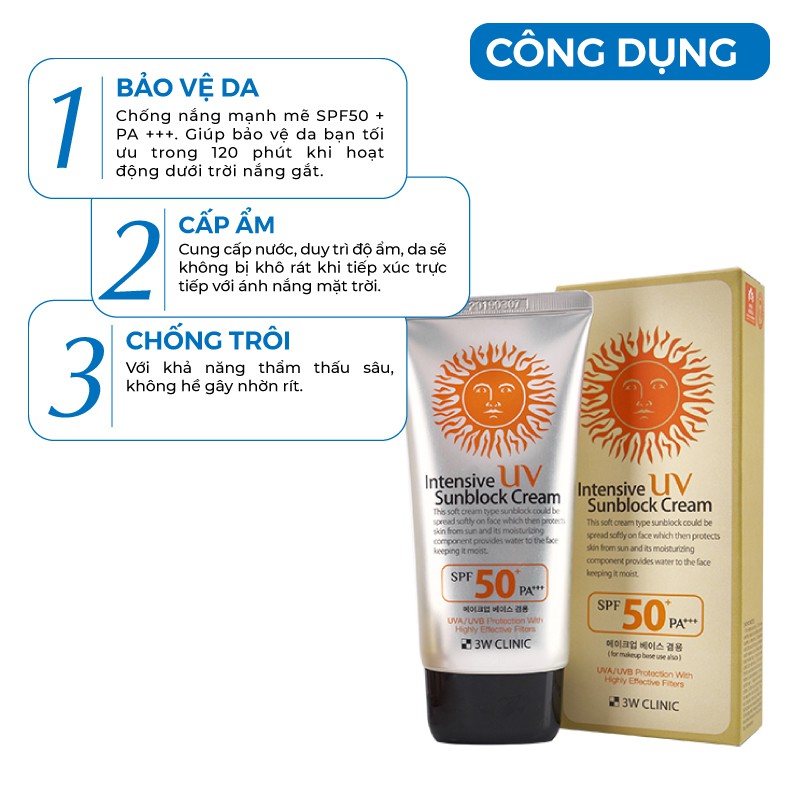 Kem chống nắng 3W Clinic Intensive UV Sunblock Cream Hàn Quốc SPF 50 PA+++ 70ml | BigBuy360 - bigbuy360.vn