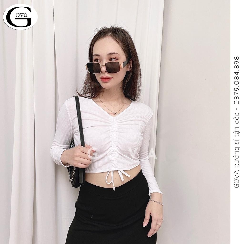 Áo Croptop cổ V nhún ngực rút dây Hot Trend Áo kiểu nữ ôm chất thun Cao Cấp gân mềm mát