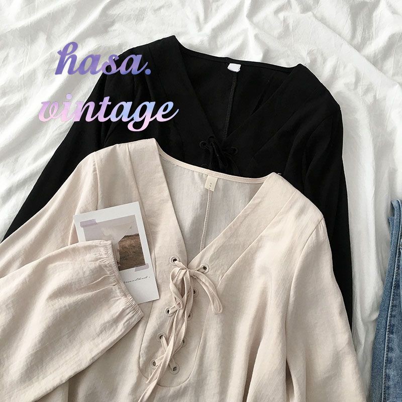 🌿 Áo kiểu cổ V dây đan rút ngực tay bo dài ulzzang 🔥