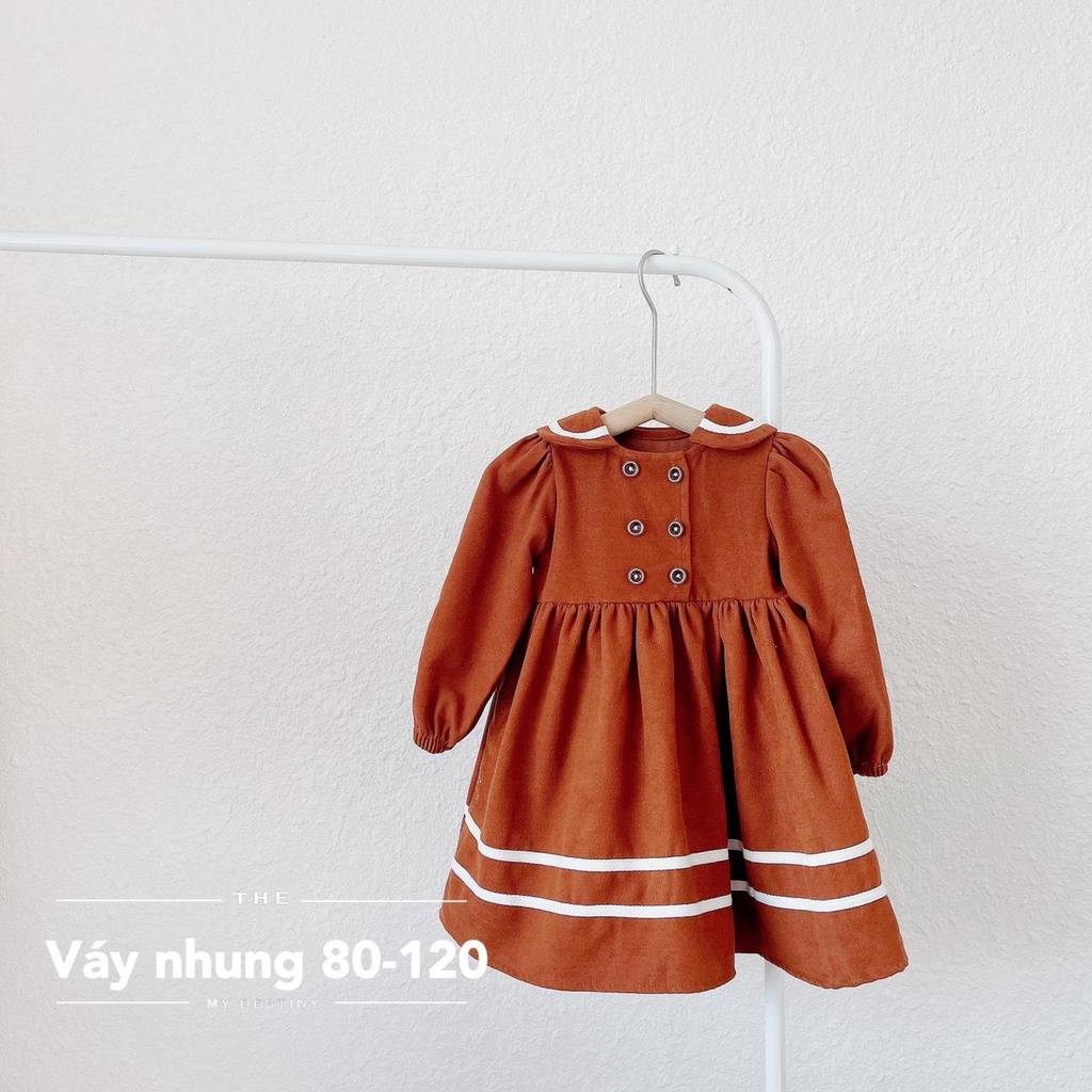 [size 12-25kg] Váy nhung dài tay có cổ, phối kẻ viền gấu cho bé gái xinh yêu, chất dày dặn