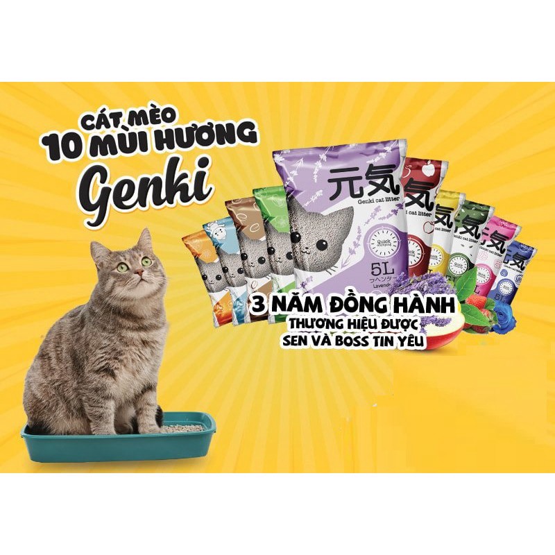 [Beman123]  HN- Cát vệ sinh cho mèo GENKI 5L (gần bằng lượng Catlike 8L) độ vón cao Xuất xứ Nhật có 10 mùi thơm khử mùi 