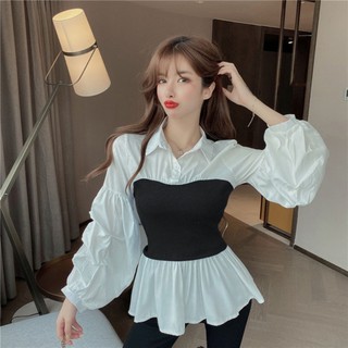 Áo Kiểu Nữ Sơ Mi Lụa Phối Len Ulzzang