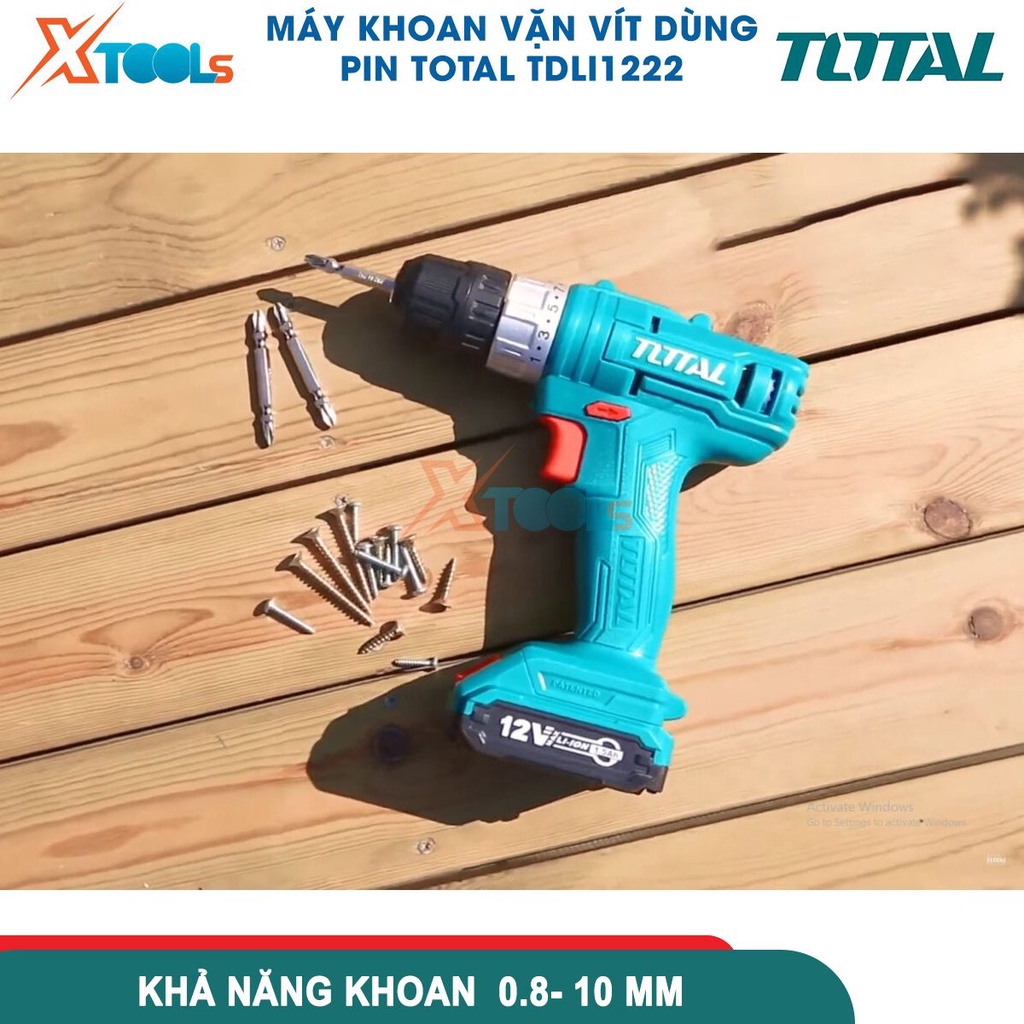 Máy khoan pin cầm tay 12V 10mm Total TDLI1222 tốc độ 1350v/p, lực siết 25nm, khả năng khoan 10mm [CHÍNH HÃNG][XTOOLS]