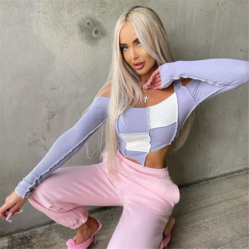Hum patchwork t-shirt phụ nữ dài tay thời trang mùa hè slim crop top áo thun dài tay