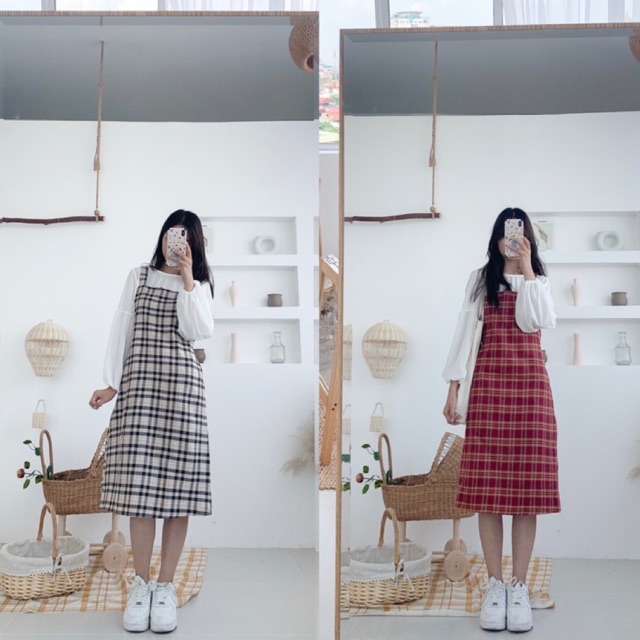 Set Váy Yếm Kẻ Caro + Áo Tay Bồng Ulzzang